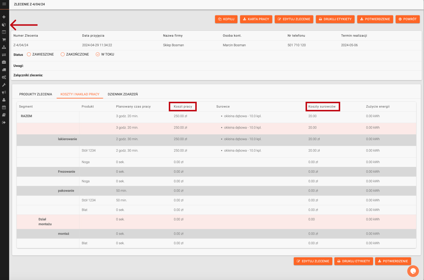 Analiza rentowności CNC w Factory Plus
